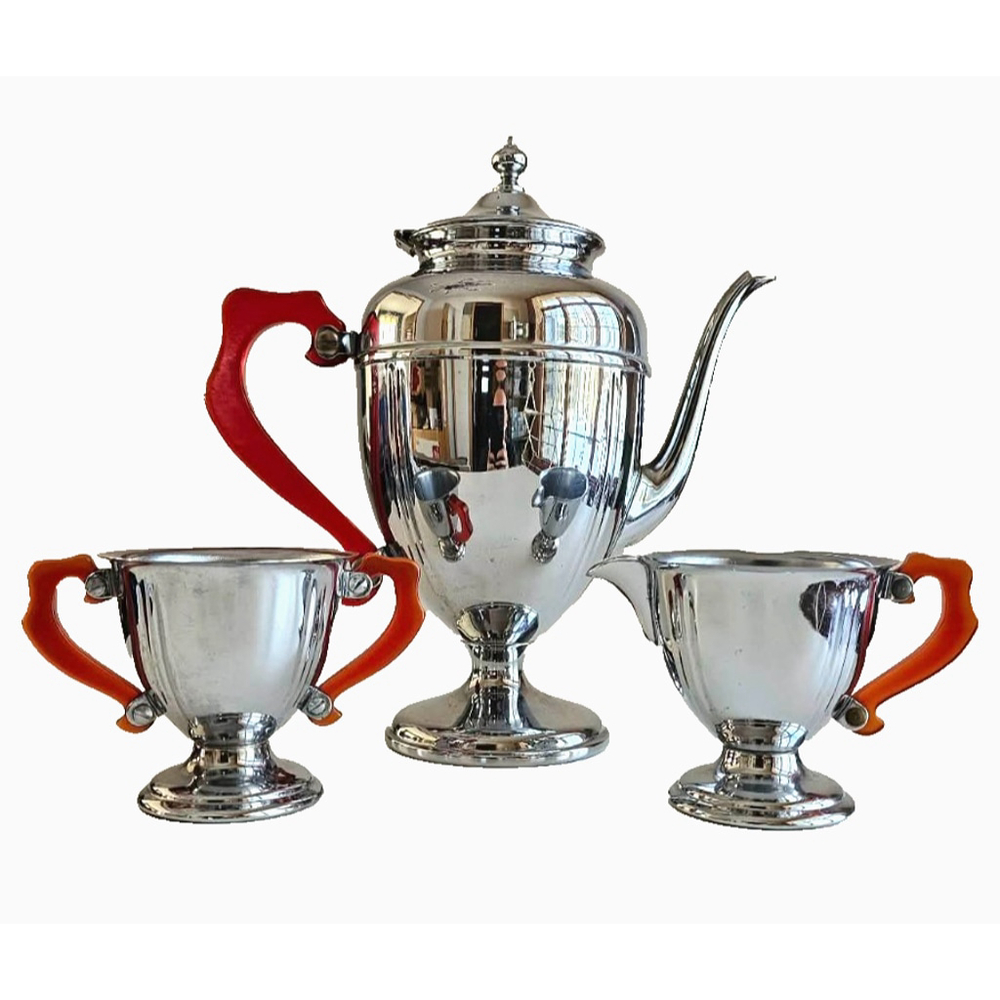 Art Deco Chrome Coffee / Tea Set Bakelite Handles Teapot Creamer Sugar Vintage